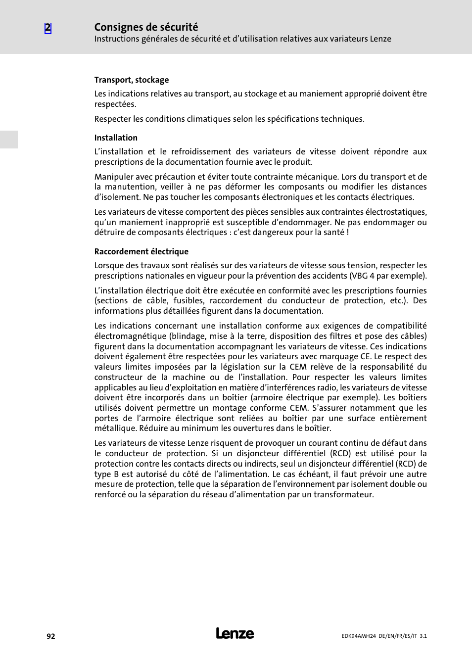 Consignes de sécurité | Lenze E94AMHE User Manual | Page 92 / 214