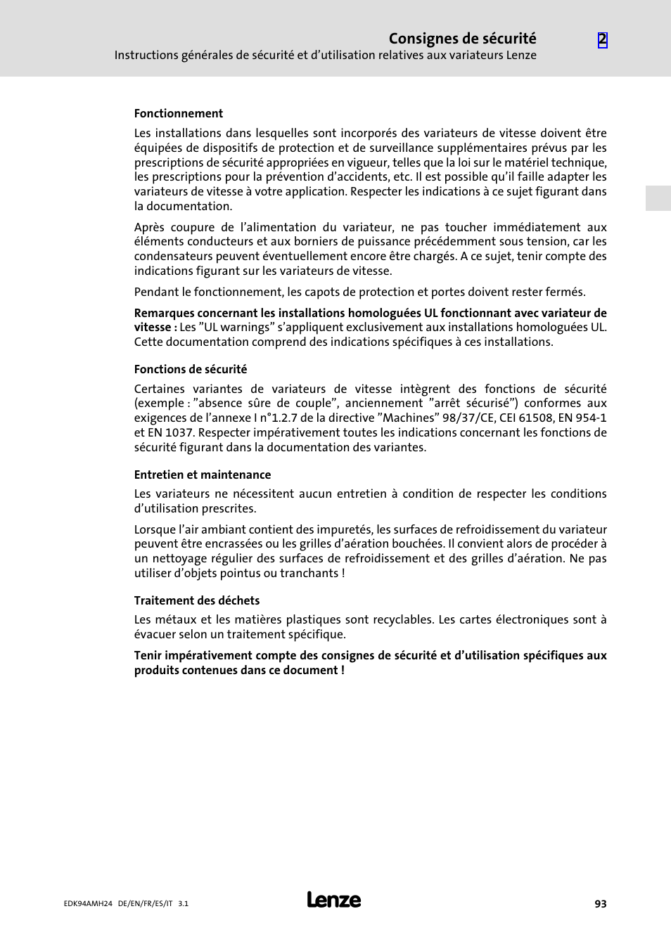 Consignes de sécurité | Lenze E94AMHE User Manual | Page 93 / 214