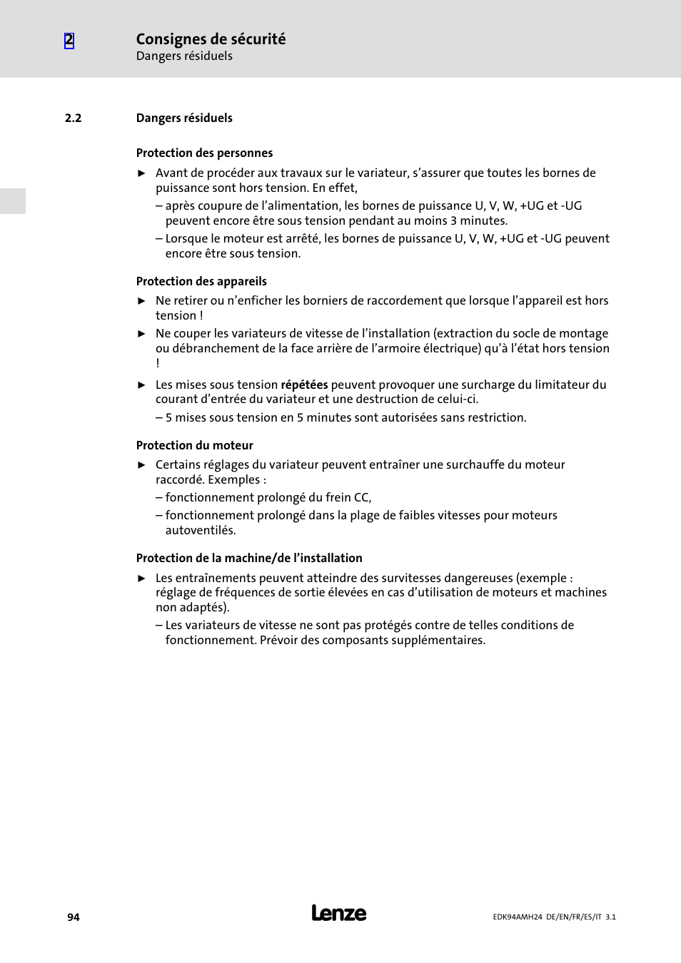 2 dangers résiduels, Dangers résiduels, Consignes de sécurité | Lenze E94AMHE User Manual | Page 94 / 214