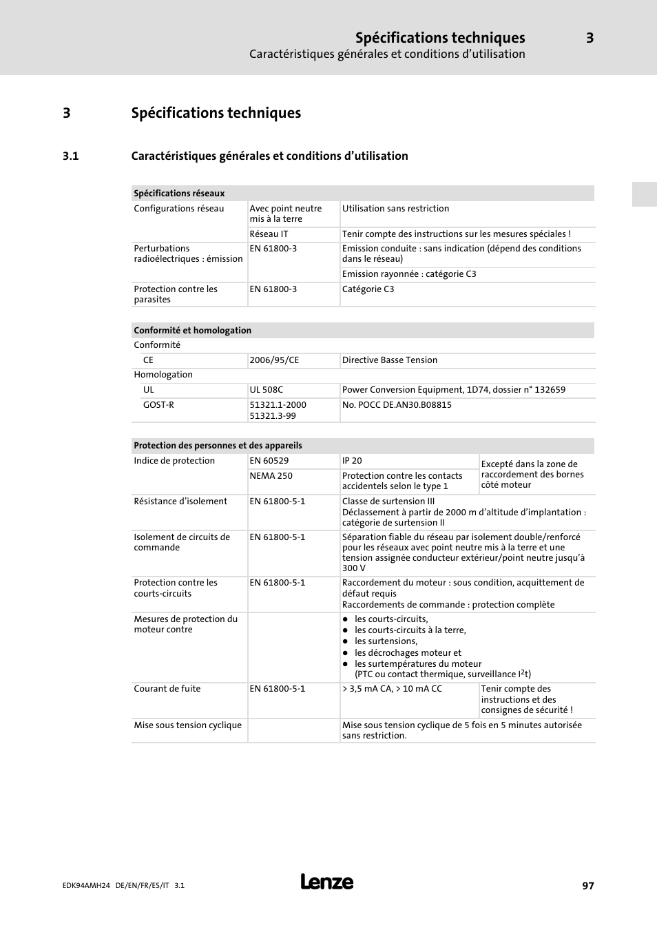 3 spécifications techniques, Spécifications techniques, 3spécifications techniques | Lenze E94AMHE User Manual | Page 97 / 214