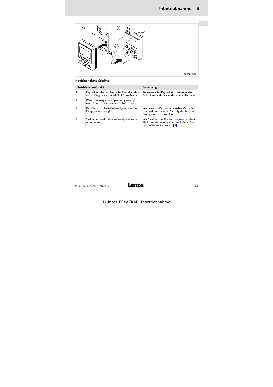 3 inbetriebnahme, Inbetriebnahme, Inbetriebnahme 3 | Lenze E94AZKAE User Manual | Page 11 / 84