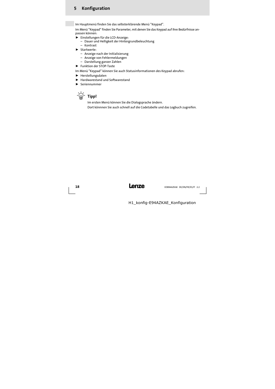 5 konfiguration, Konfiguration, 5konfiguration | Lenze E94AZKAE User Manual | Page 18 / 84