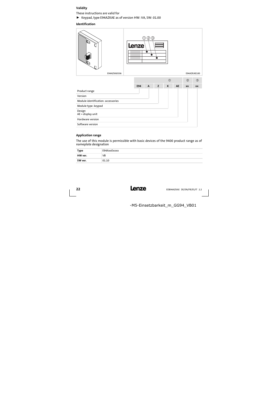 Validity | Lenze E94AZKAE User Manual | Page 22 / 84