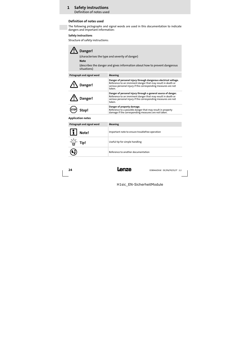 1 safety instructions, Definition of notes used, Safety instructions | Lenze E94AZKAE User Manual | Page 24 / 84