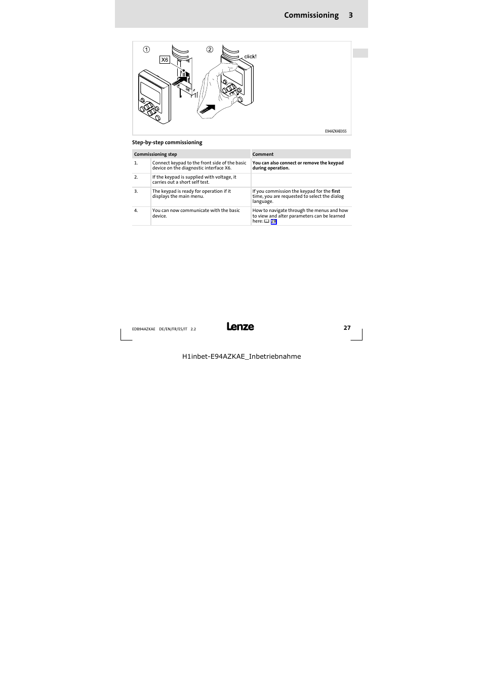 3 commissioning, Commissioning 27, Commissioning 3 | Lenze E94AZKAE User Manual | Page 27 / 84