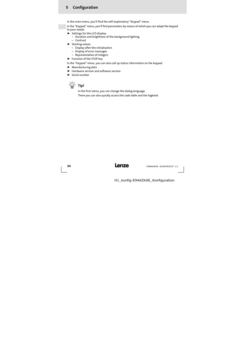 5 configuration, Configuration, 5configuration | Lenze E94AZKAE User Manual | Page 34 / 84