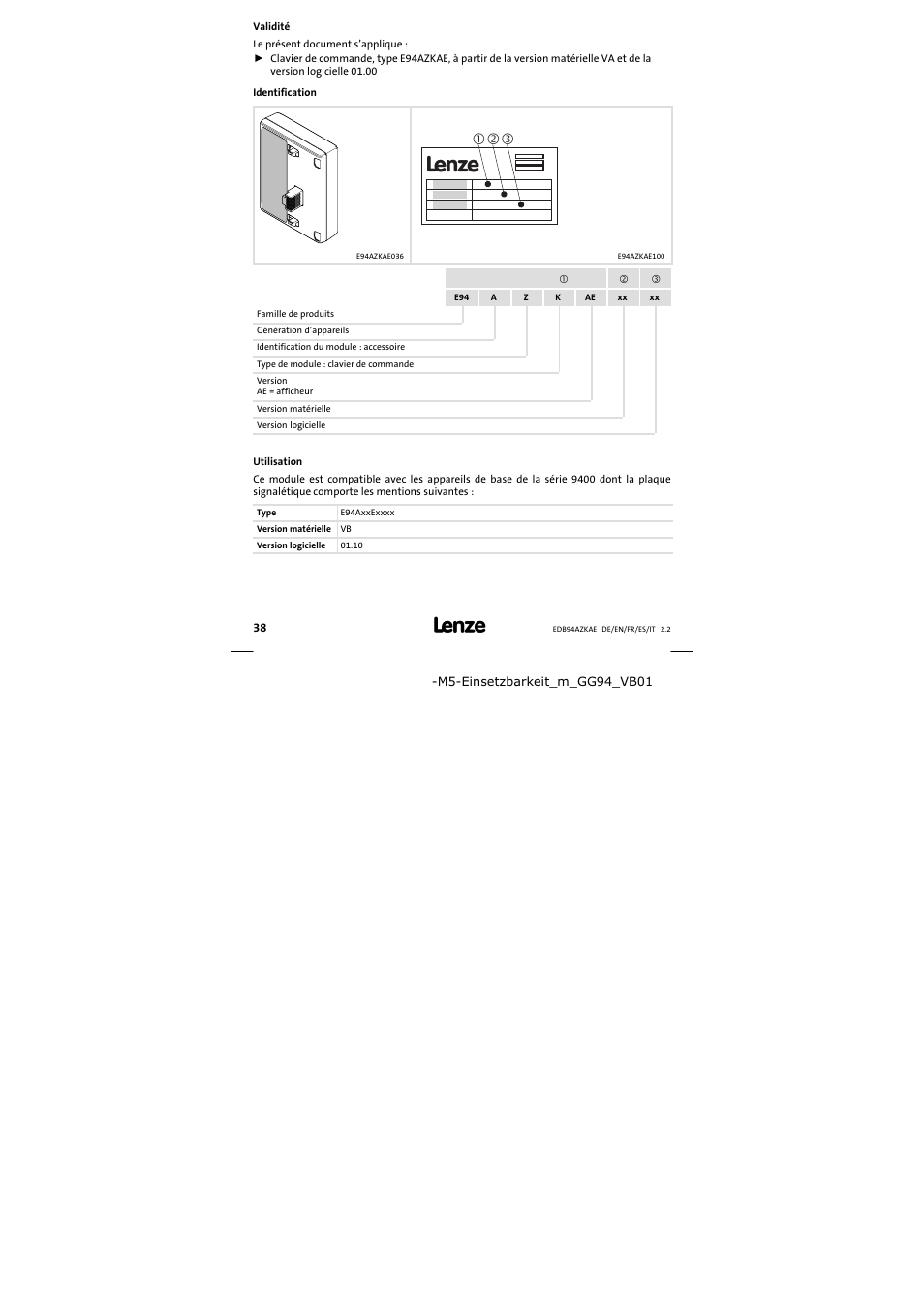 Validité | Lenze E94AZKAE User Manual | Page 38 / 84