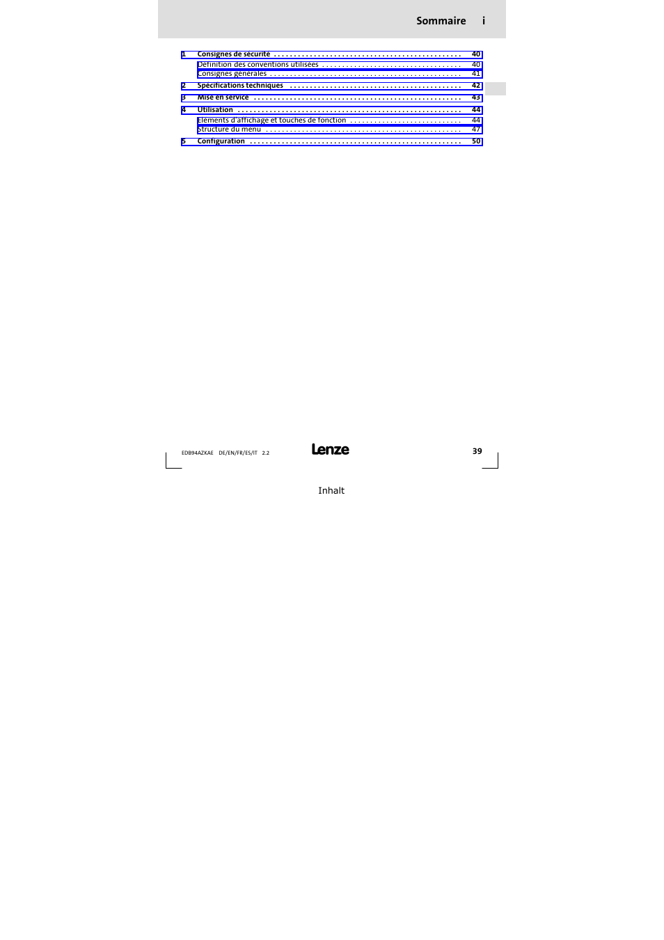 Sommaire, Sommaire i | Lenze E94AZKAE User Manual | Page 39 / 84