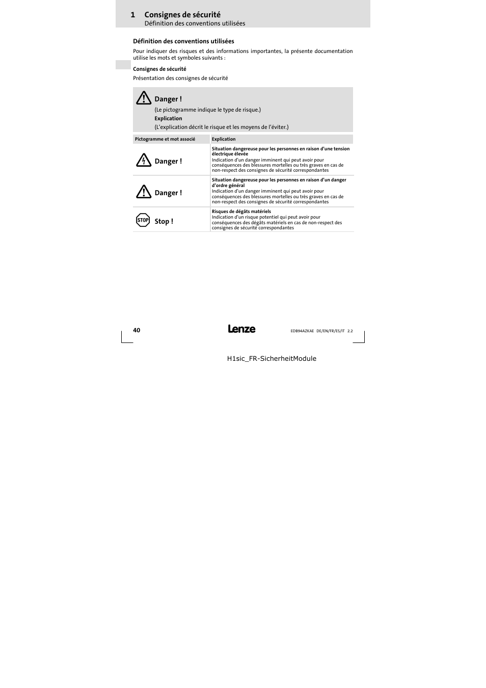 1 consignes de sécurité, Définition des conventions utilisées, Consignes de sécurité | Lenze E94AZKAE User Manual | Page 40 / 84