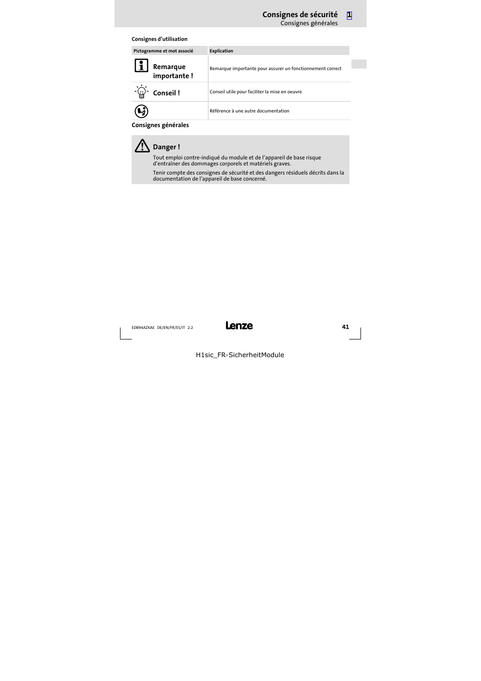 Consignes générales | Lenze E94AZKAE User Manual | Page 41 / 84