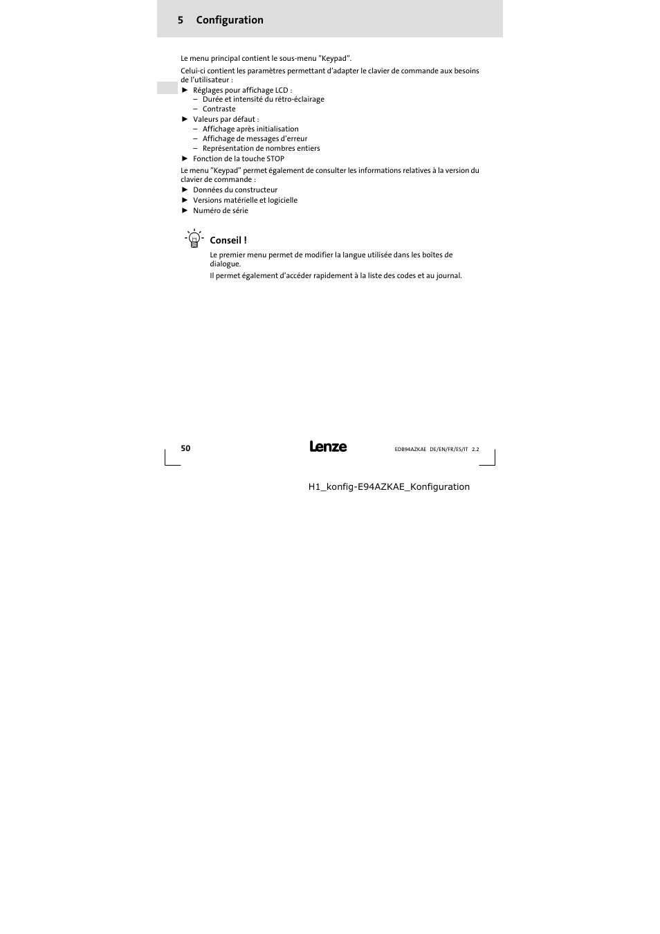 5 configuration, Configuration, 5configuration | Lenze E94AZKAE User Manual | Page 50 / 84