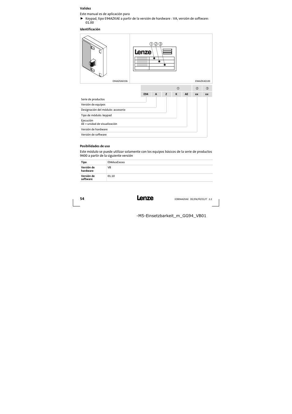 Validez | Lenze E94AZKAE User Manual | Page 54 / 84