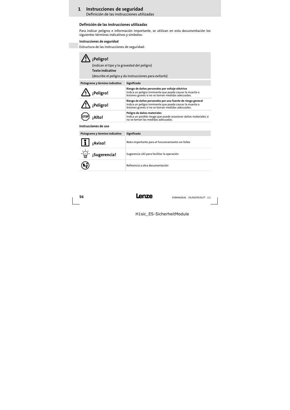 1 instrucciones de seguridad, Definición de las instrucciones utilizadas, Instrucciones de seguridad | Lenze E94AZKAE User Manual | Page 56 / 84