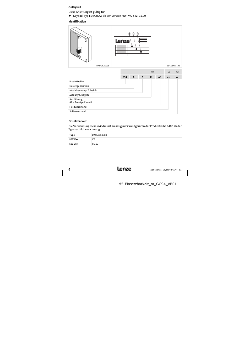 Gültigkeit | Lenze E94AZKAE User Manual | Page 6 / 84