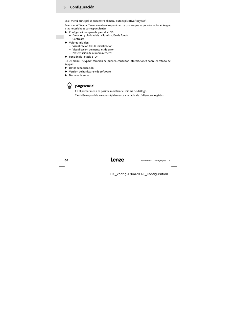 5 configuración, Configuración, 5configuración | Lenze E94AZKAE User Manual | Page 66 / 84