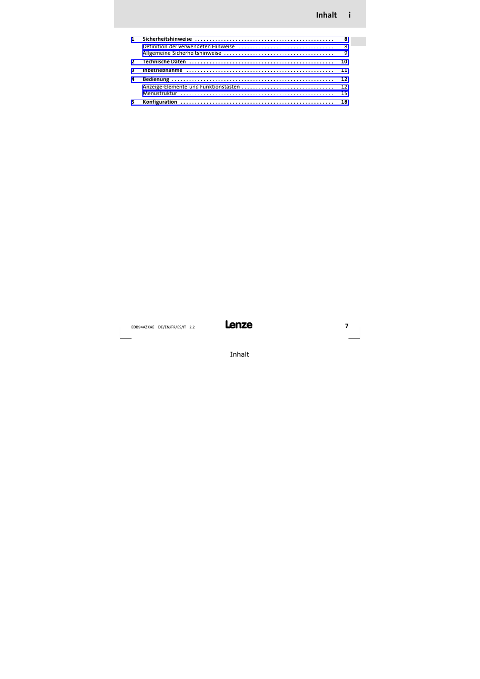 Inhalt, Inhalt i | Lenze E94AZKAE User Manual | Page 7 / 84