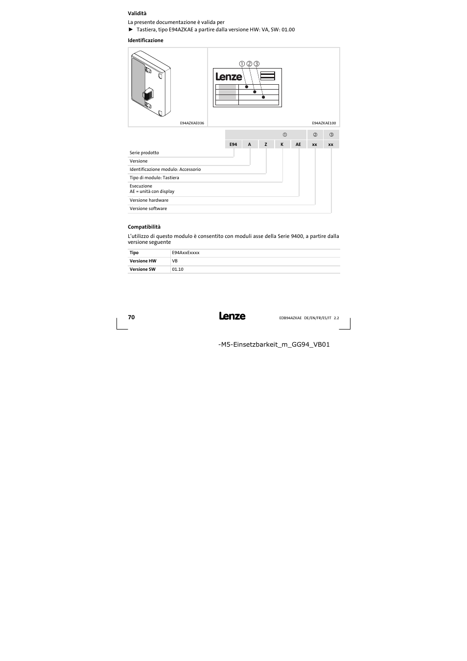 Validità | Lenze E94AZKAE User Manual | Page 70 / 84