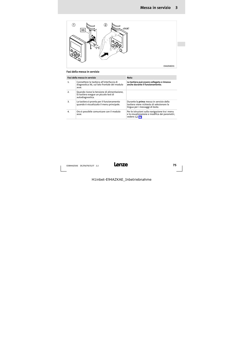 3 messa in servizio, Messa in servizio, Messa in servizio 3 | Lenze E94AZKAE User Manual | Page 75 / 84