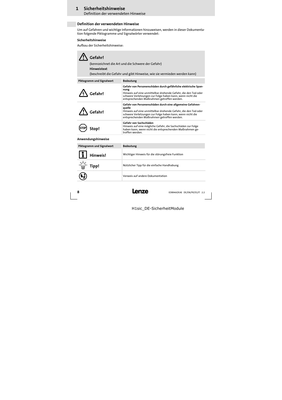 1 sicherheitshinweise, Definition der verwendeten hinweise, Sicherheitshinweise | Lenze E94AZKAE User Manual | Page 8 / 84