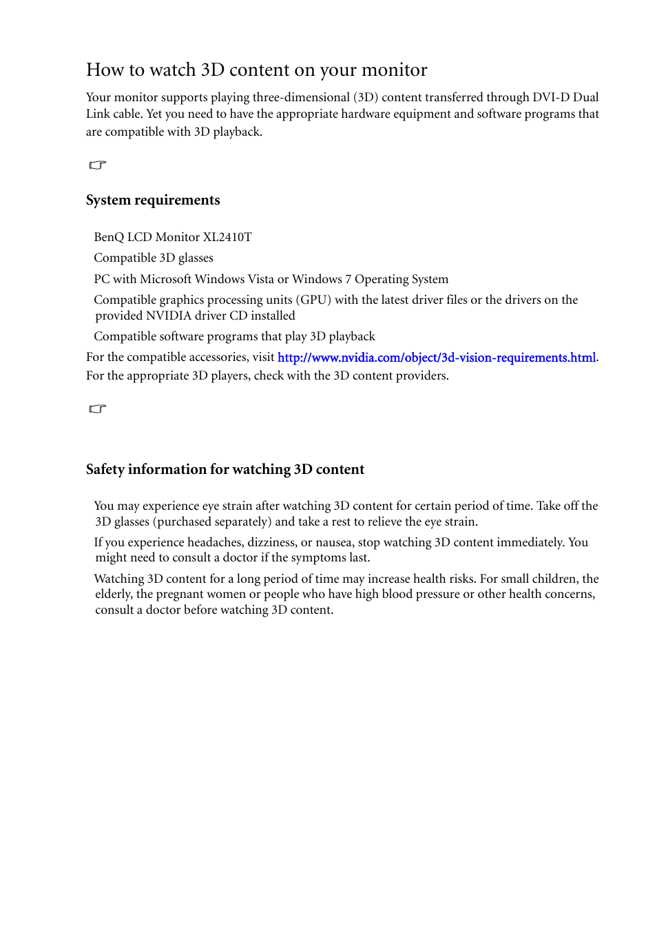 How to watch 3d content on your monitor, System requirements, Safety information for watching 3d content | BenQ LCD Monitor XL2410T User Manual | Page 21 / 40