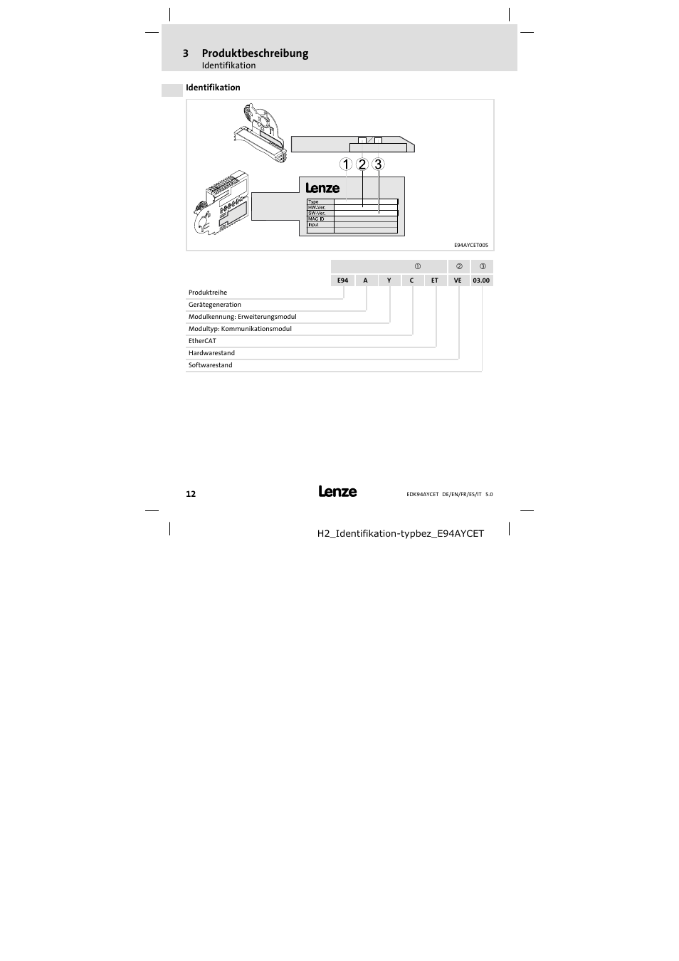 Identifikation, 3produktbeschreibung | Lenze E94AYCET User Manual | Page 12 / 103