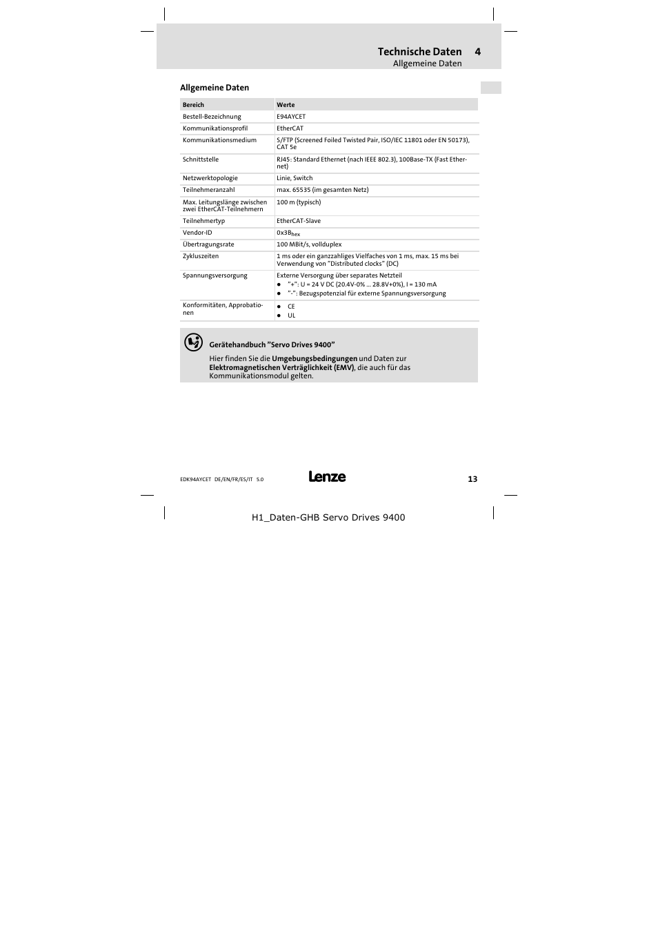 4 technische daten, Allgemeine daten, Technische daten | Lenze E94AYCET User Manual | Page 13 / 103