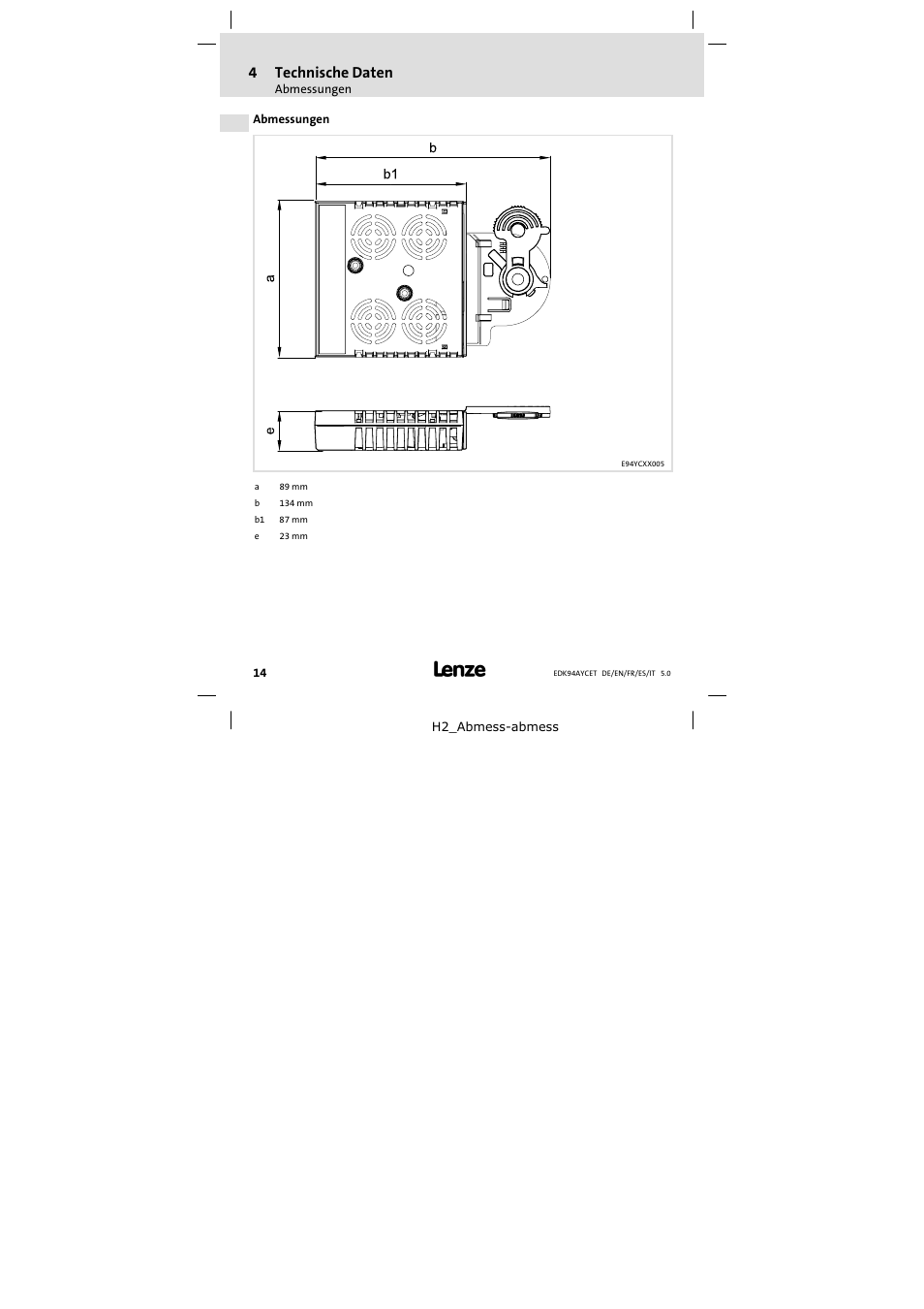 Abmessungen, 4technische daten | Lenze E94AYCET User Manual | Page 14 / 103