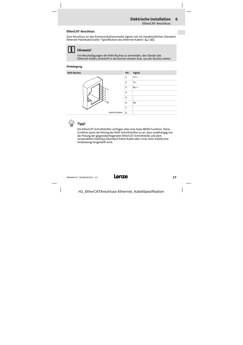 Ethercat-anschluss, Ethercat−anschluss, Elektrische installation | Lenze E94AYCET User Manual | Page 17 / 103