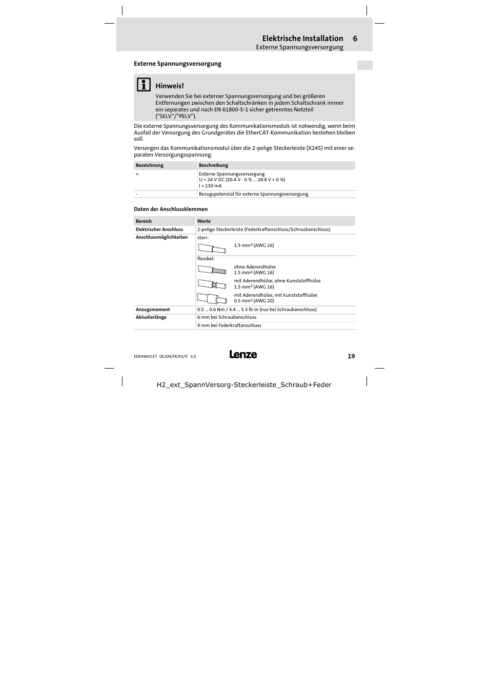 Externe spannungsversorgung, Elektrische installation | Lenze E94AYCET User Manual | Page 19 / 103