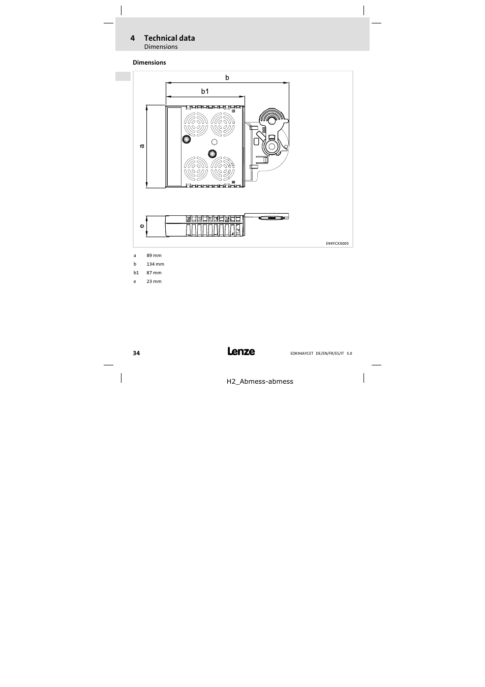 Dimensions, 4technical data | Lenze E94AYCET User Manual | Page 34 / 103