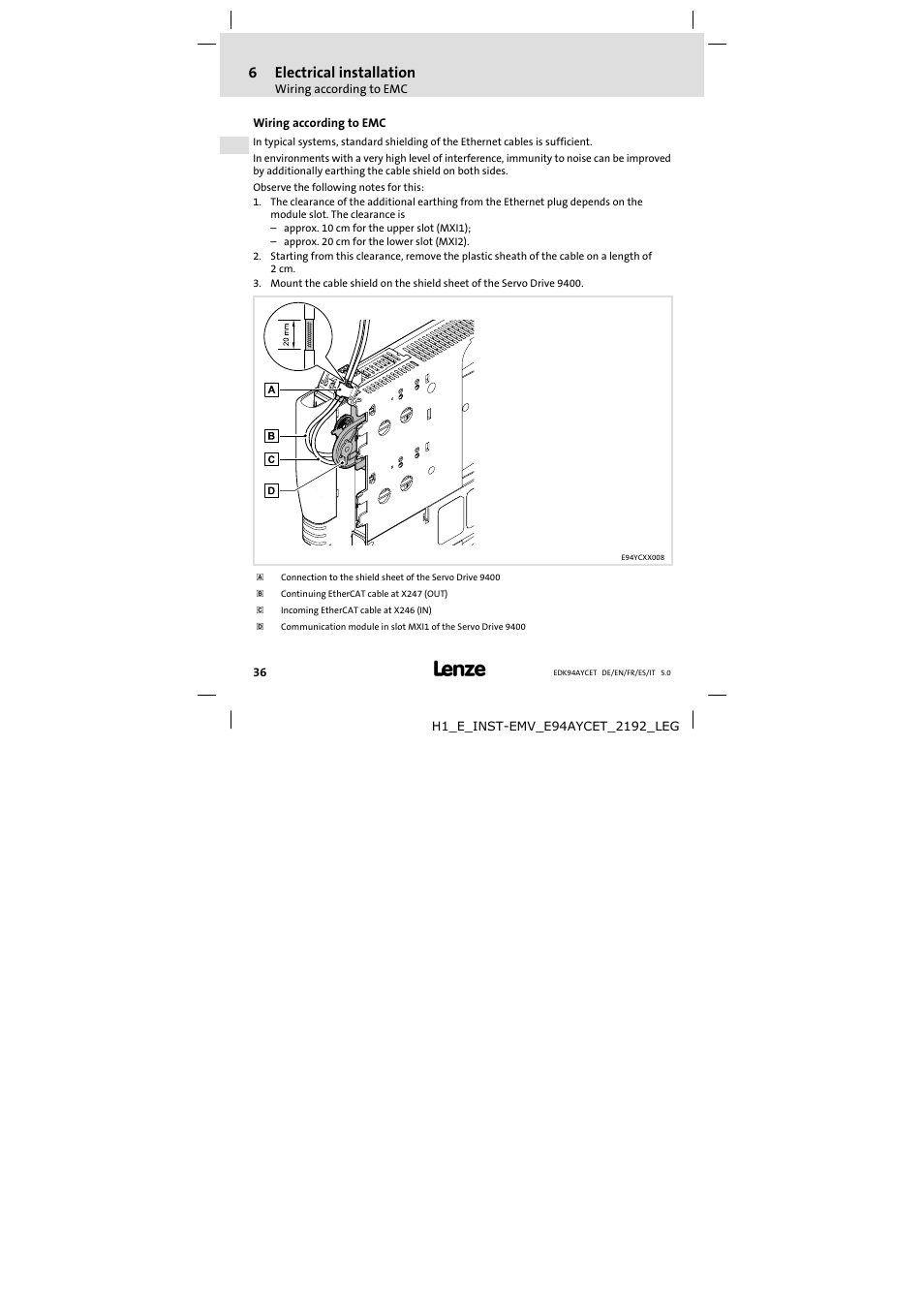 6 electrical installation, Wiring according to emc, Electrical installation | 6electrical installation | Lenze E94AYCET User Manual | Page 36 / 103