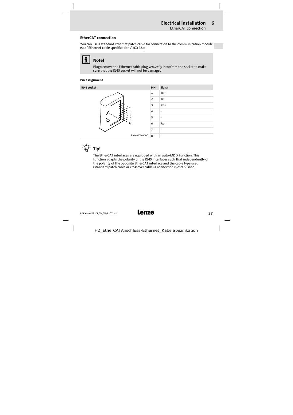 Ethercat connection, Electrical installation | Lenze E94AYCET User Manual | Page 37 / 103