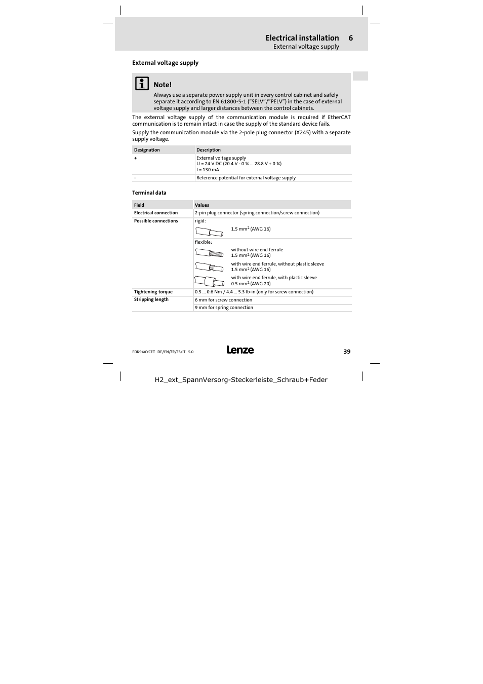 External voltage supply, Electrical installation | Lenze E94AYCET User Manual | Page 39 / 103