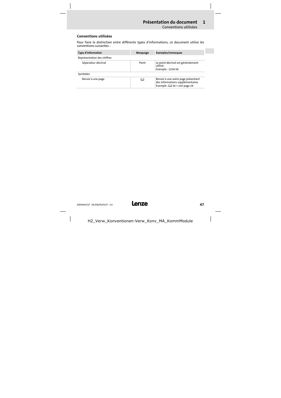 Conventions utilisées, Présentation du document | Lenze E94AYCET User Manual | Page 47 / 103