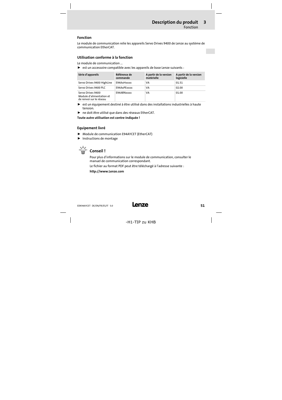 3 description du produit, Fonction, Utilisation conforme à la fonction | Equipement livré, Description du produit, Fonction 51 | Lenze E94AYCET User Manual | Page 51 / 103