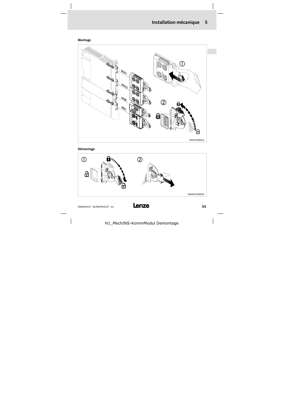 5 installation mécanique, Installation mécanique, Installation mécanique 5 | Lenze E94AYCET User Manual | Page 55 / 103