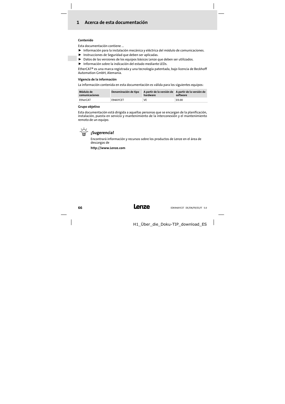 1 acerca de esta documentación, Acerca de esta documentación, 1acerca de esta documentación | Lenze E94AYCET User Manual | Page 66 / 103