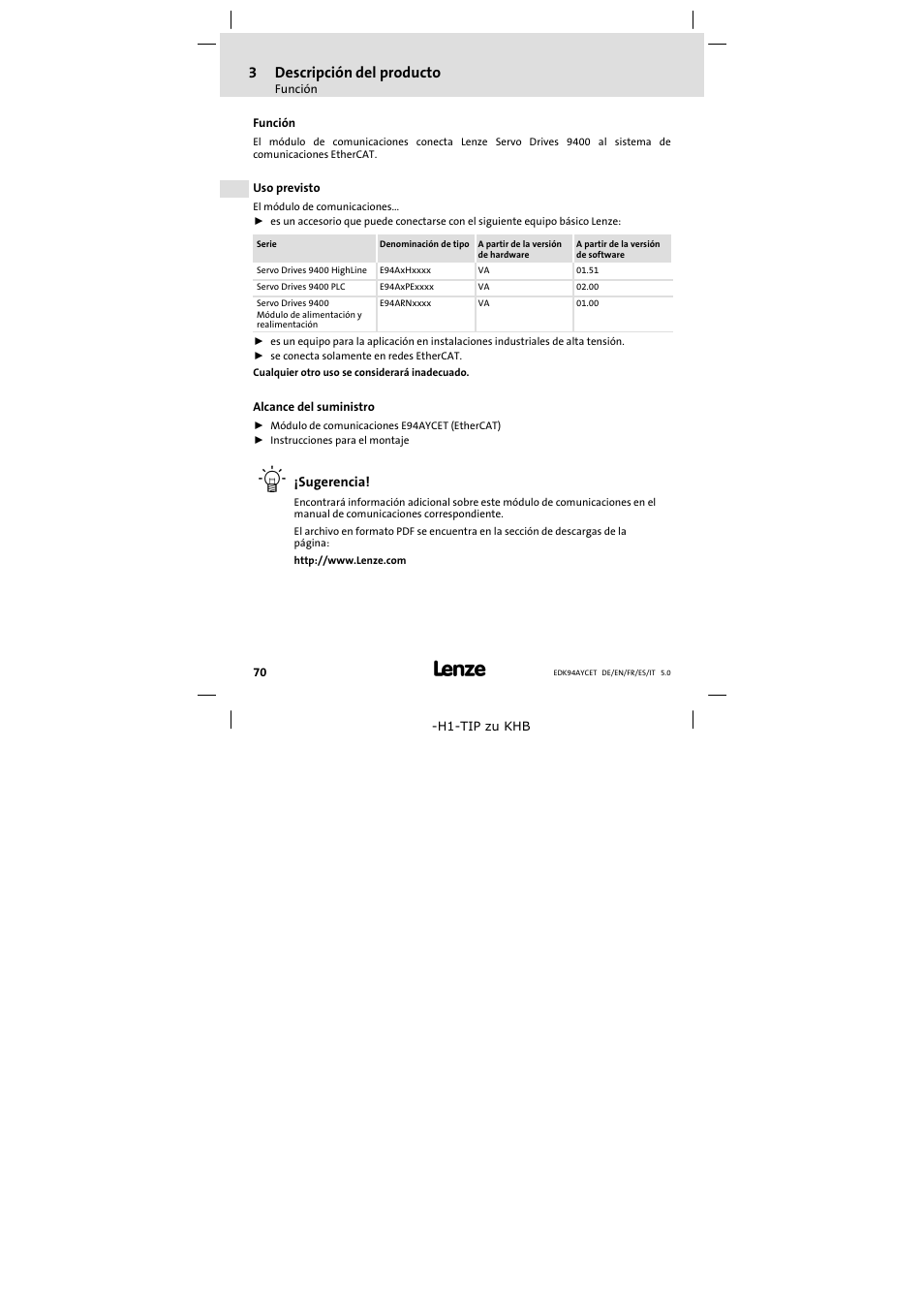 3 descripción del producto, Función, Uso previsto | Alcance del suministro, Descripción del producto, 3descripción del producto | Lenze E94AYCET User Manual | Page 70 / 103