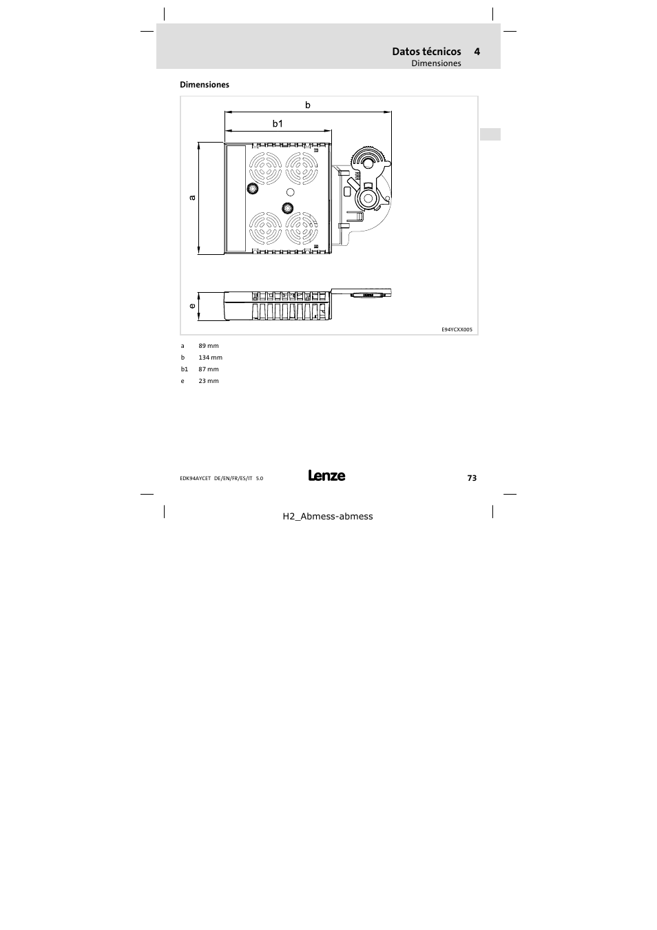 Dimensiones, Datos técnicos | Lenze E94AYCET User Manual | Page 73 / 103