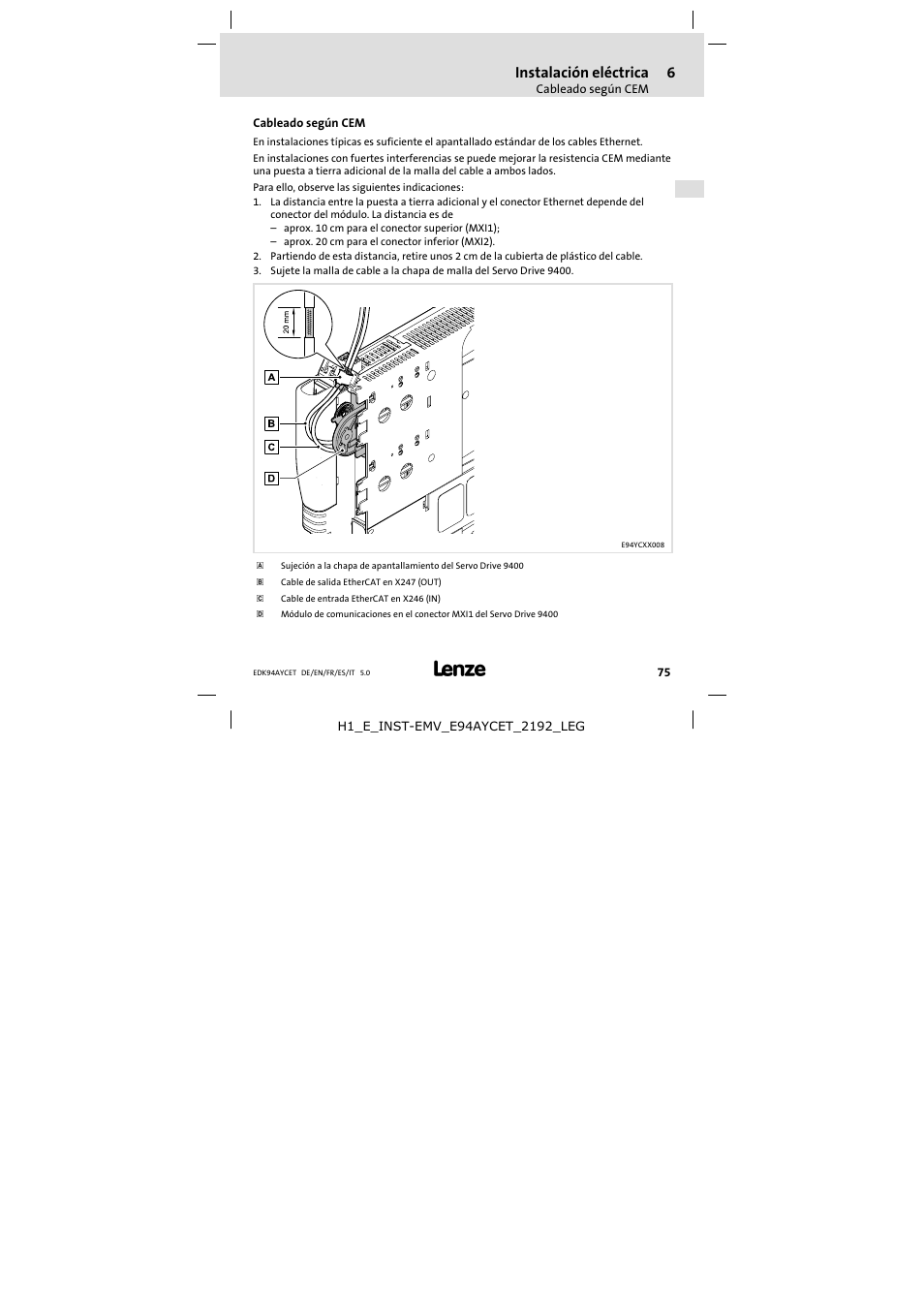 6 instalación eléctrica, Cableado según cem, Instalación eléctrica | Lenze E94AYCET User Manual | Page 75 / 103