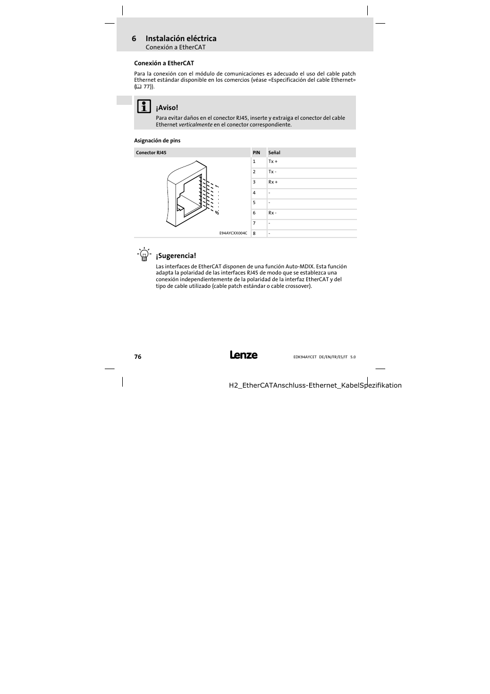 Conexión a ethercat, 6instalación eléctrica | Lenze E94AYCET User Manual | Page 76 / 103