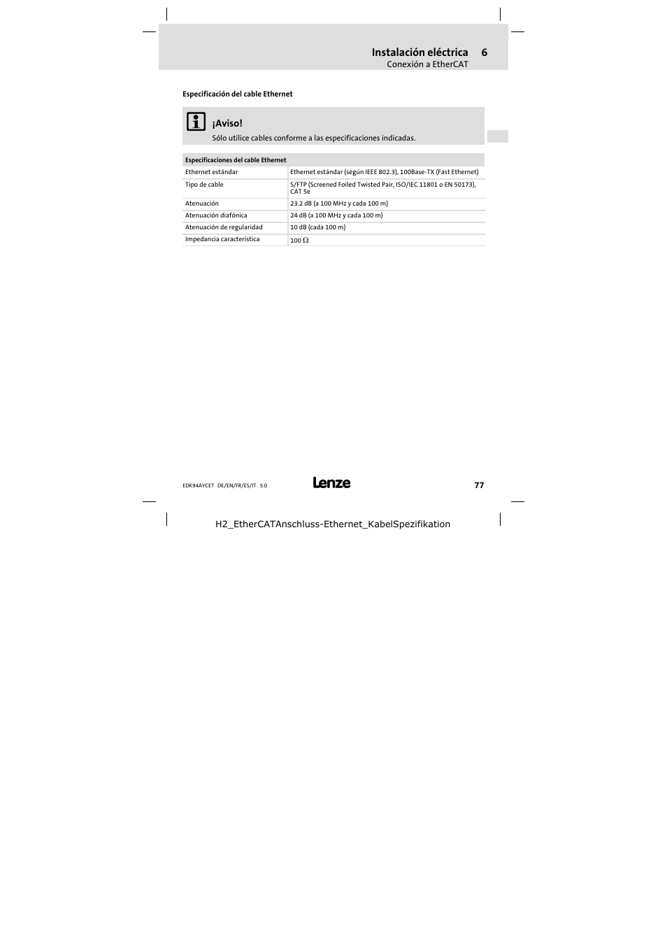 Instalación eléctrica | Lenze E94AYCET User Manual | Page 77 / 103