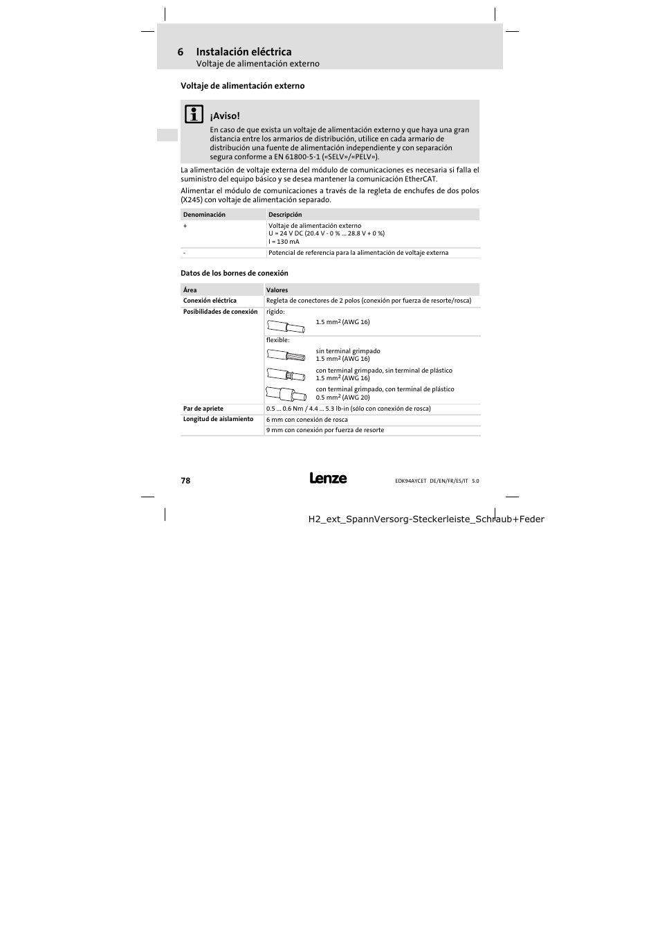 Voltaje de alimentación externo, 6instalación eléctrica | Lenze E94AYCET User Manual | Page 78 / 103