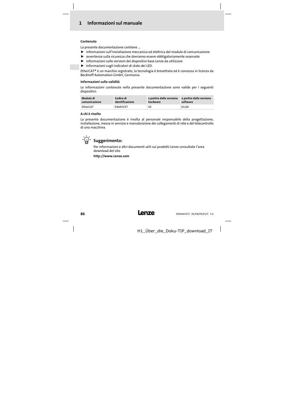 1 informazioni sul manuale, Informazioni sul manuale, 1informazioni sul manuale | Lenze E94AYCET User Manual | Page 86 / 103