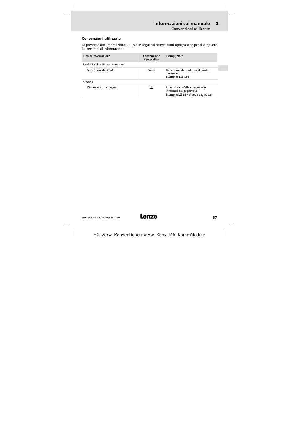 Convenzioni utilizzate, Informazioni sul manuale | Lenze E94AYCET User Manual | Page 87 / 103