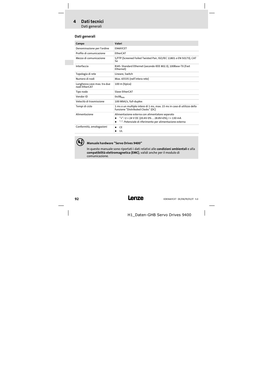 4 dati tecnici, Dati generali, Dati tecnici | 4dati tecnici | Lenze E94AYCET User Manual | Page 92 / 103