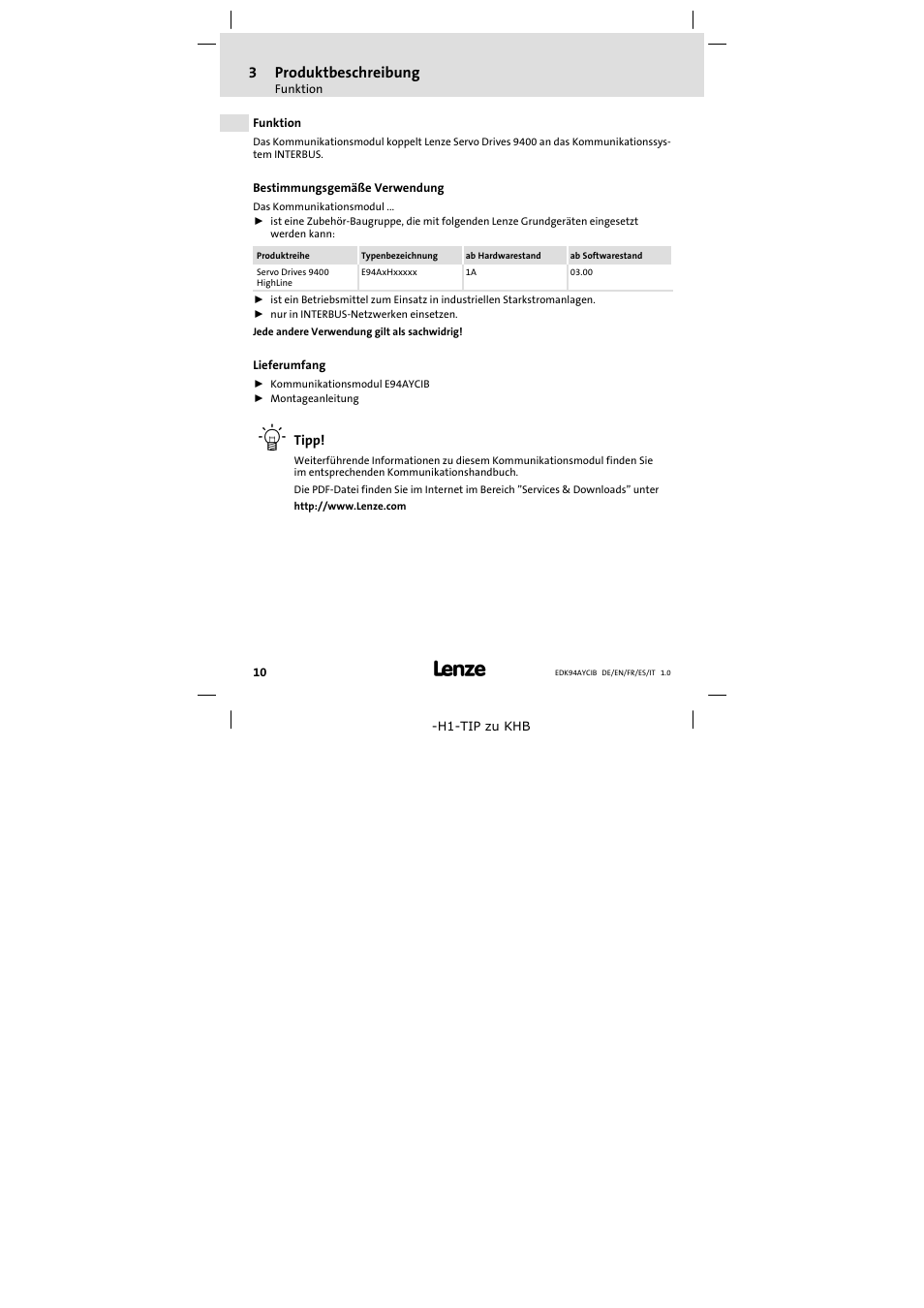 3 produktbeschreibung, Funktion, Bestimmungsgemäße verwendung | Lieferumfang, Produktbeschreibung 10, 3produktbeschreibung | Lenze E94AYCIB User Manual | Page 10 / 124