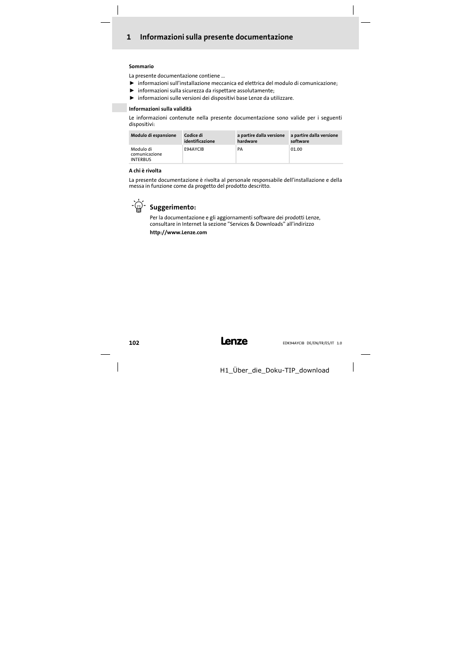 1 informazioni sul manuale, Informazioni sul manuale, 1informazioni sulla presente documentazione | Lenze E94AYCIB User Manual | Page 102 / 124