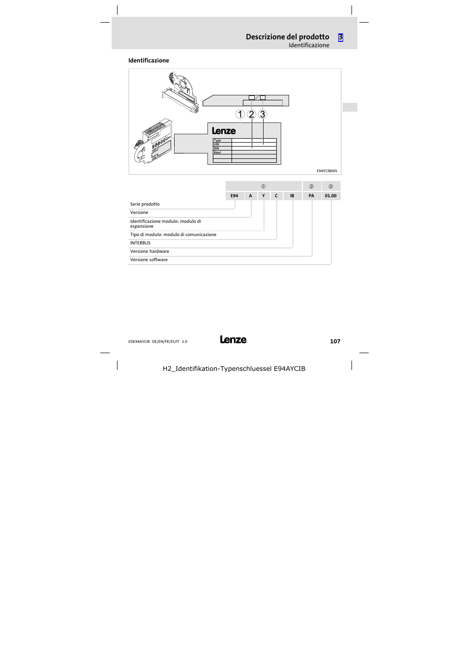 Identificazione, Descrizione del prodotto | Lenze E94AYCIB User Manual | Page 107 / 124