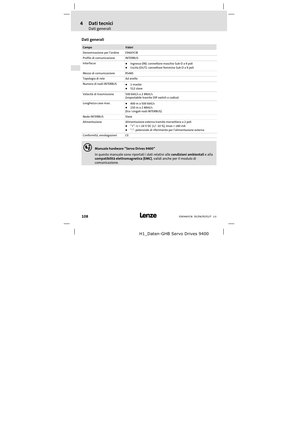 4 dati tecnici, Dati generali, Dati tecnici | 4dati tecnici | Lenze E94AYCIB User Manual | Page 108 / 124